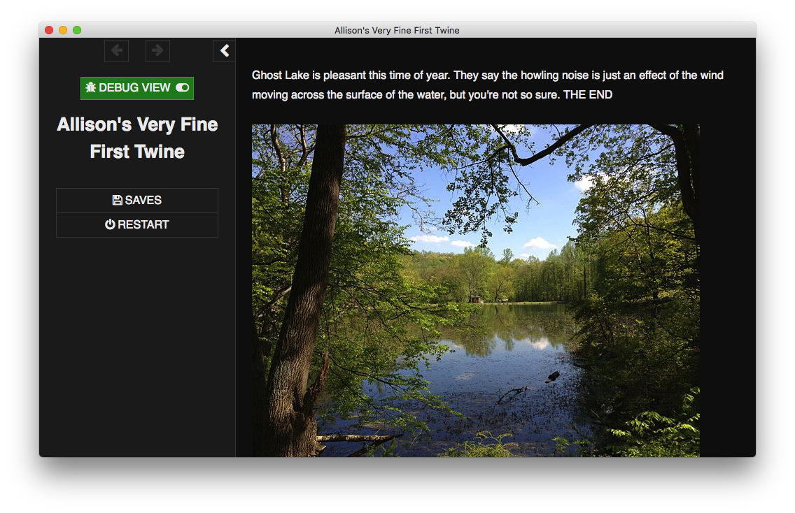 Twine 2.2.1 play interface, showing Ghost Lake passage and
image